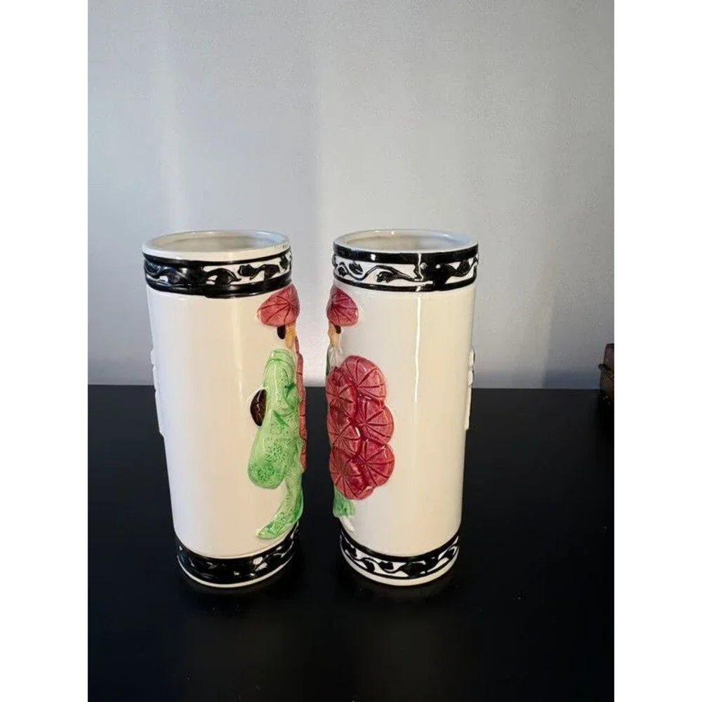 Orchids of Hawaii Tiki Mugs Pair Japan R-98 Geisha Parasol Fuku Character